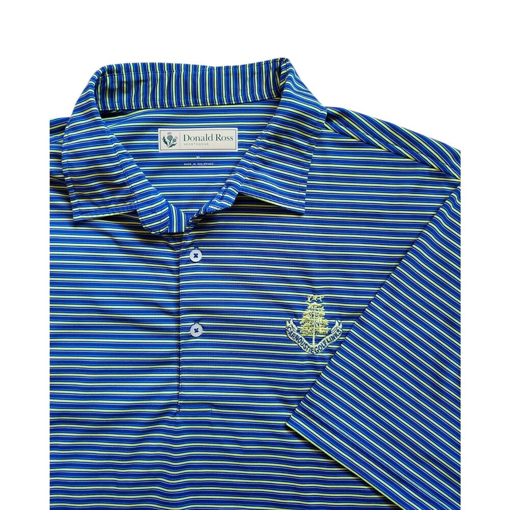 Donald Ross Men's Striped Golf Polo Carnoustie Golf Links Logo Blue Yellow Sz XL